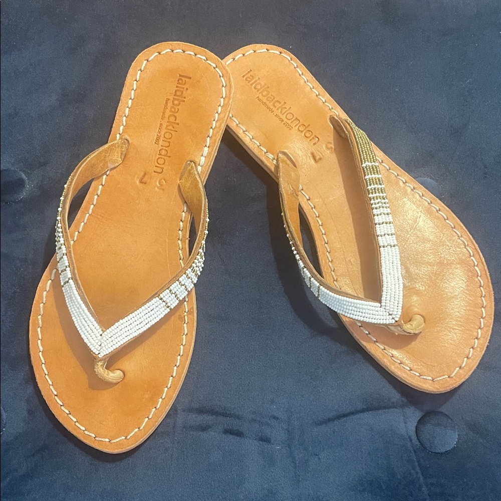 Laidback London Beaded Tan and White Sandals